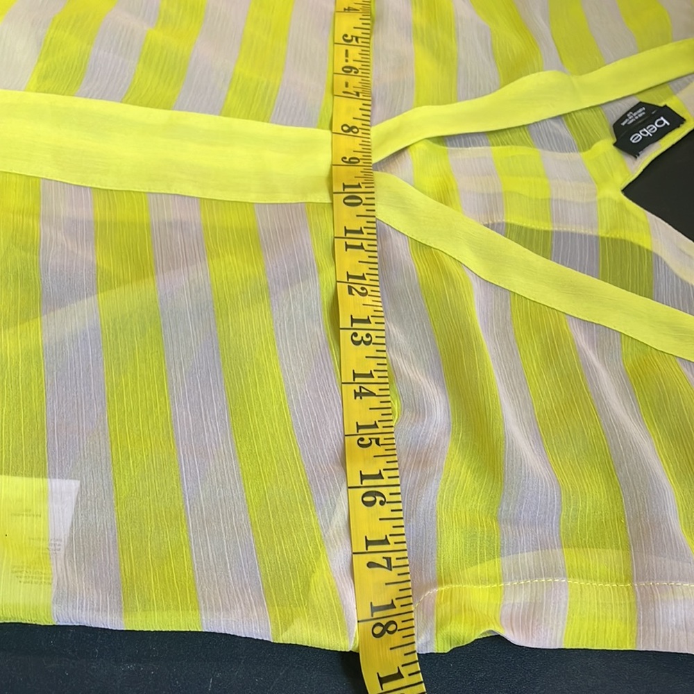 Bebe Neon Yellow & cream, V neck, tie waist band, Sheer, small - Picture 6 of 9